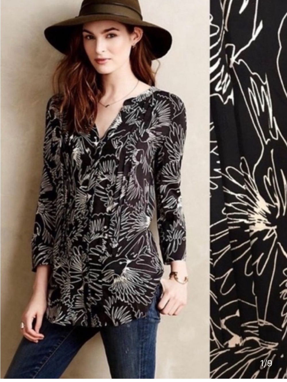Maeve Anthropologie wild bird tunic top bird print black white
